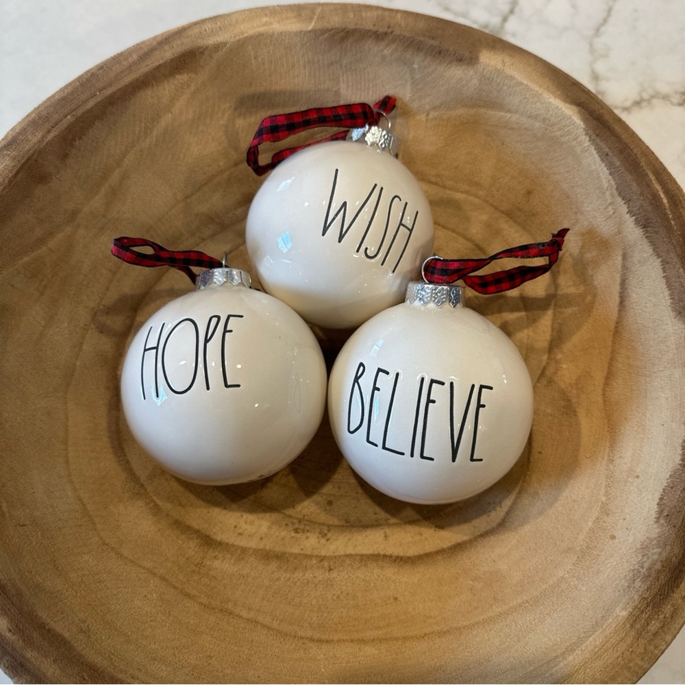 (3) Rae Dunn 3" Ceramic Christmas Ornaments ~ Believe ~ Wish ~ Hope ~ No Box